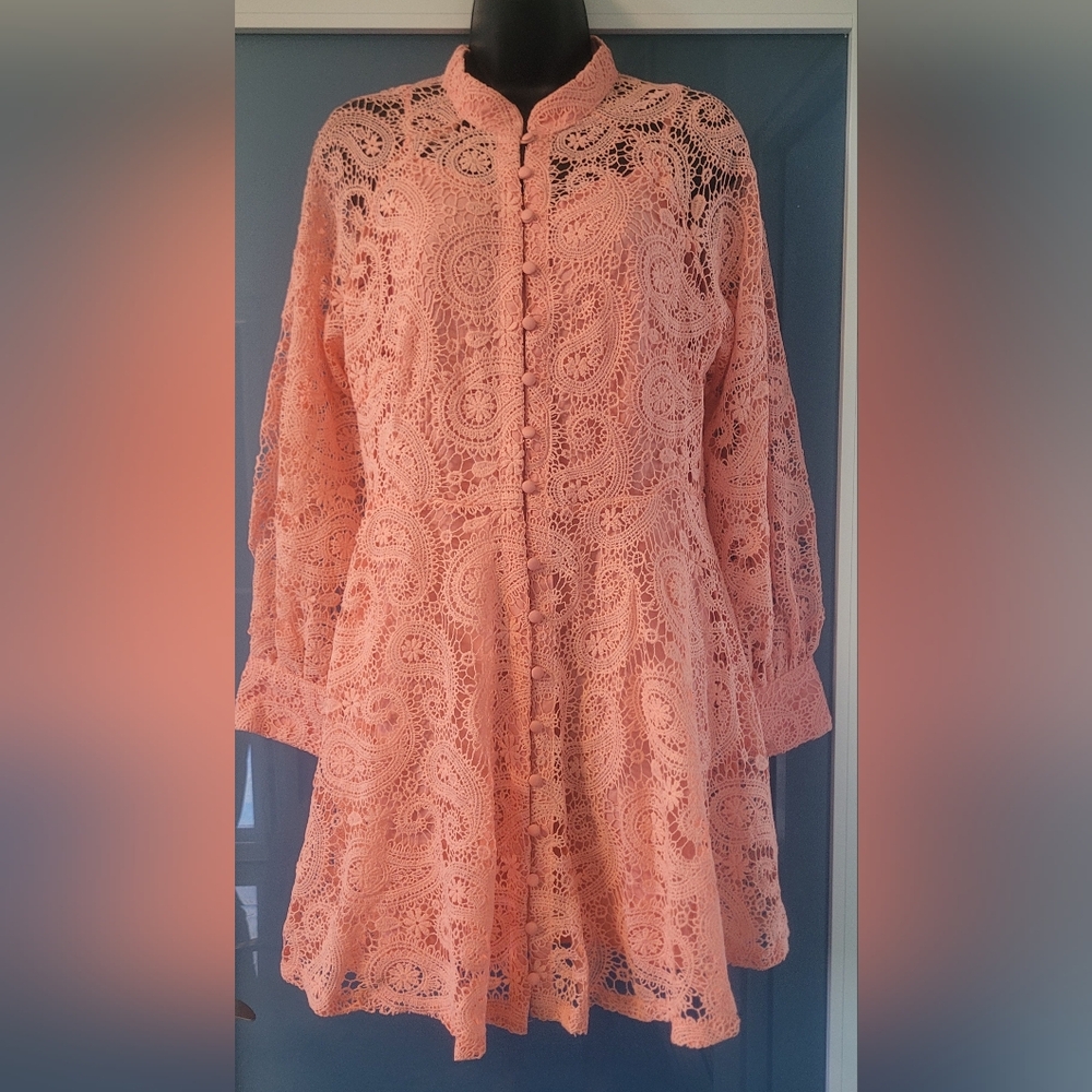DRESS Peach Crochet Lace Button-Front Tunic SIZE L